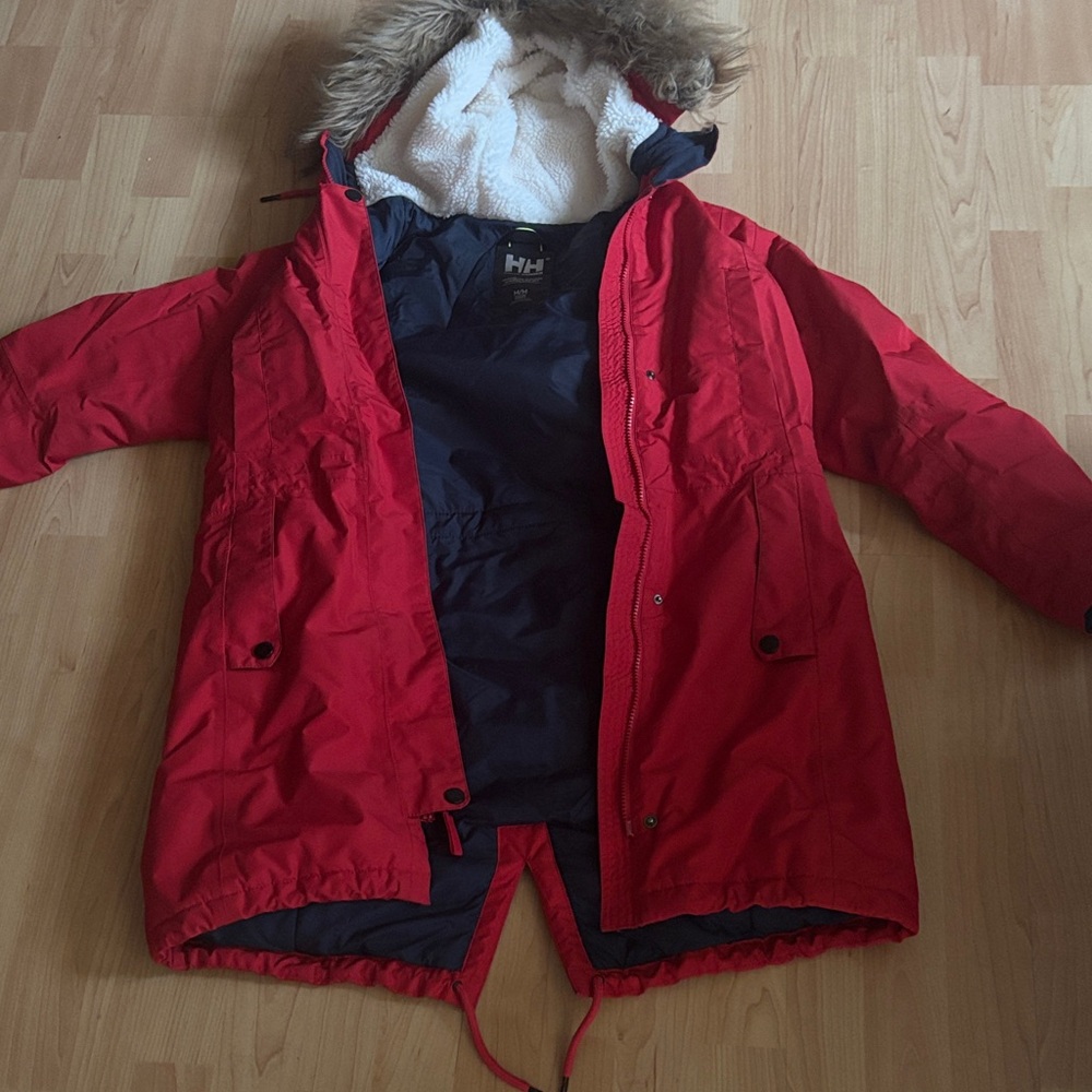 Helly Hansen Womens Red Puffer Coat with Faux Fur Trim